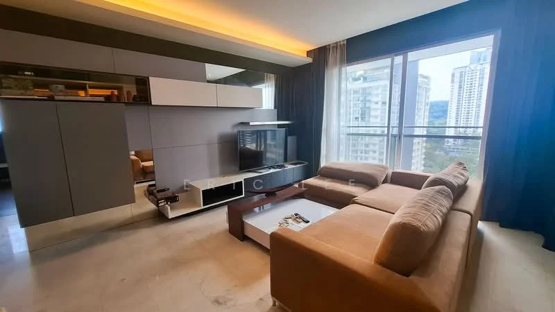 Living features: L-shape sectional sofa in beige, coffee table, wall-mounted TV, TV console, grey accent wall, floor-to-ceiling windows, curtains, marble flooring, built-in cabinetry, decorative items on shelves; style: modern; view: city.