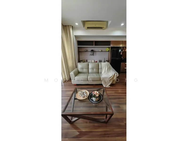 Living features: 3-seater fabric sofa in light grey, wooden coffee table, wooden flooring, recessed downlights, wall-mounted air conditioning unit, built-in shelving unit, curtains, decorative items on coffee table; style: modern.