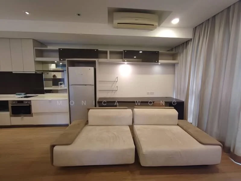 Living features: L-shape sectional sofa in beige, wooden flooring, wall-mounted air conditioning unit, built-in cabinetry with white finish, black countertop, refrigerator, open shelving, curtains, recessed ceiling lights; style: modern.