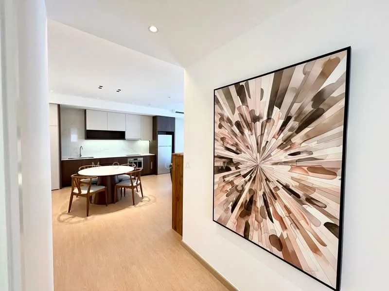 Kitchen features: white cabinetry, wood cabinetry, island with round dining table, stainless-steel sink, chrome pull-down faucet, built-in oven, stainless-steel refrigerator, ceramic tile flooring, recessed downlights, wall-mounted cabinets, open layout, decorative wall art; style: modern. Hallway features: white painted walls, wood trim, natural light, decorative artwork; style: modern.