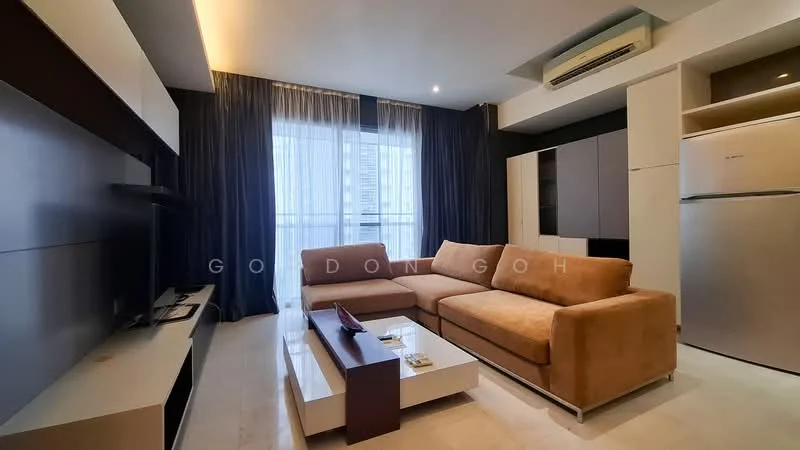 Living features: L-shape sectional sofa in beige, coffee table with white surface, TV console with wall-mounted TV, floor-to-ceiling windows with sheer curtains, marble tile flooring, recessed downlights, built-in cabinetry, air conditioning unit; style: modern; view: city.