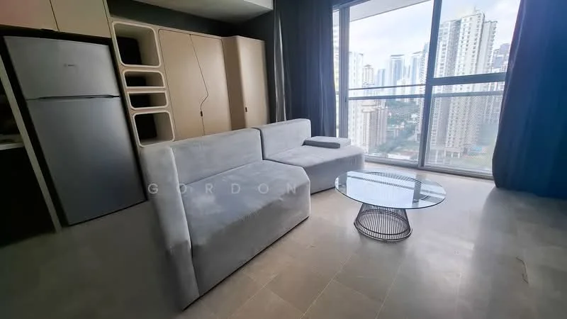 Living features: grey fabric sofa, glass coffee table, floor-to-ceiling windows, city skyline view, light-colored walls, light-colored flooring, built-in cabinetry, refrigerator; style: modern; view: city.