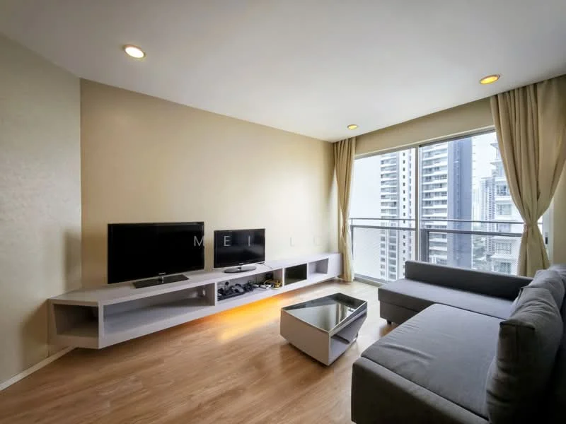 Living features: light wood laminate flooring, cream painted walls, floor-to-ceiling windows, grey fabric sectional sofa, glass coffee table, TV console with storage, two wall-mounted TVs, sheer curtains, recessed downlights; style: modern; view: city.