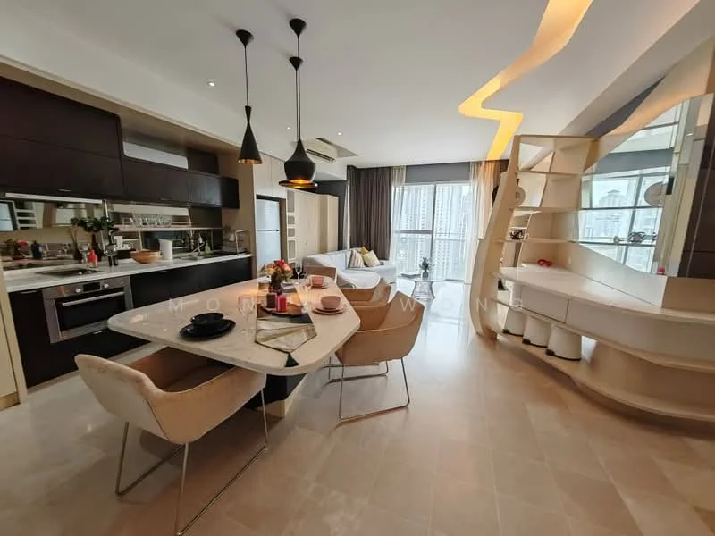 Living features: open-plan layout, marble dining table, upholstered dining chairs, 3-seater fabric sofa in white, floor-to-ceiling windows, city view, recessed downlights, pendant lights, kitchen island with seating, built-in cabinetry, neutral wall colour, light-coloured tiled flooring, decorative shelving unit; style: modern; view: city. Kitchen features: stainless-steel sink, chrome pull-down faucet, built-in oven, freestanding range oven, microwave, dark cabinetry, white countertop, backlit shelving, ceramic tile backsplash; style: modern.