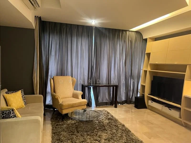 Living features: beige fabric armchair, grey fabric sofa, glass coffee table, TV console, wall-mounted TV, cream cabinetry, marble flooring, floor-to-ceiling curtains, decorative cushions, area rug with shaggy texture, recessed lighting, air conditioning unit; style: modern.