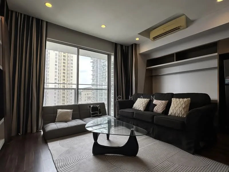Living features: 3-seater fabric sofa in black, 2-seater fabric sofa in grey, glass coffee table, floor-to-ceiling windows, curtains with striped pattern, wooden flooring, wall-mounted air conditioning unit, built-in shelving unit, decorative cushions; style: modern; view: city.