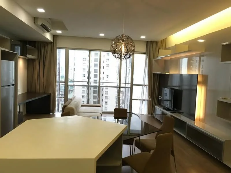 Living features: floor-to-ceiling windows, beige fabric sofa, glass coffee table, TV console, wall-mounted TV, recessed LED downlights, decorative pendant light, wood flooring, curtains, open-plan layout with dining area, built-in shelving, air conditioning unit; style: modern; view: city. Dining features: 4-seater dining table, upholstered dining chairs, open shelving, decorative wall panel; style: modern; view: city.