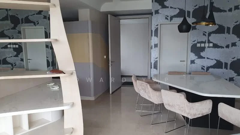 Room features: light grey wallpaper with tree pattern, white painted walls, marble countertop, bar seating with four upholstered stools, open shelving unit, pendant light fixture, floor-to-ceiling windows, neutral tile flooring; style: modern.