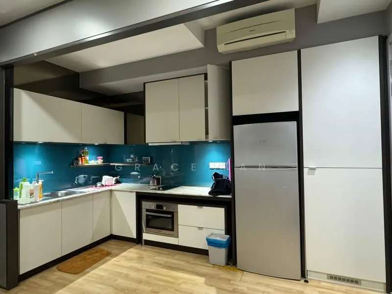 Kitchen features: white cabinetry, blue glass backsplash, marble countertop, stainless-steel sink, chrome pull-down faucet, built-in oven, freestanding fridge, ceramic tile flooring, wall-mounted split AC, under-cabinet lighting, kitchen island, open shelving; style: modern.