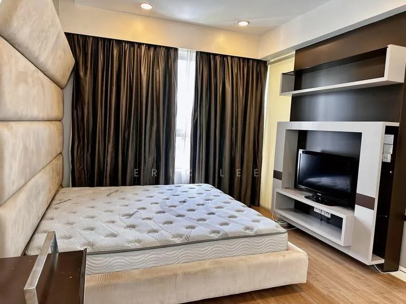 Bedroom features: queen-size bed base without mattress, upholstered headboard, floor-to-ceiling windows, blackout curtains, wooden flooring, wall-mounted TV, TV console with storage, recessed ceiling lights, decorative wall paneling; style: modern.