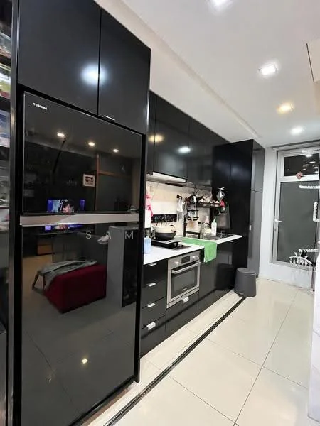 Kitchen features: black high-gloss cabinetry, stainless-steel built-in oven, stainless-steel range hood, black stainless-steel fridge, white quartz countertop, ceramic tile flooring, recessed LED downlights, single-bowl stainless-steel sink, chrome pull-down faucet, kitchen island, wall-mounted TV, open shelving, decorative plants, kitchen utensils hanging, window with sheer curtains; style: modern.