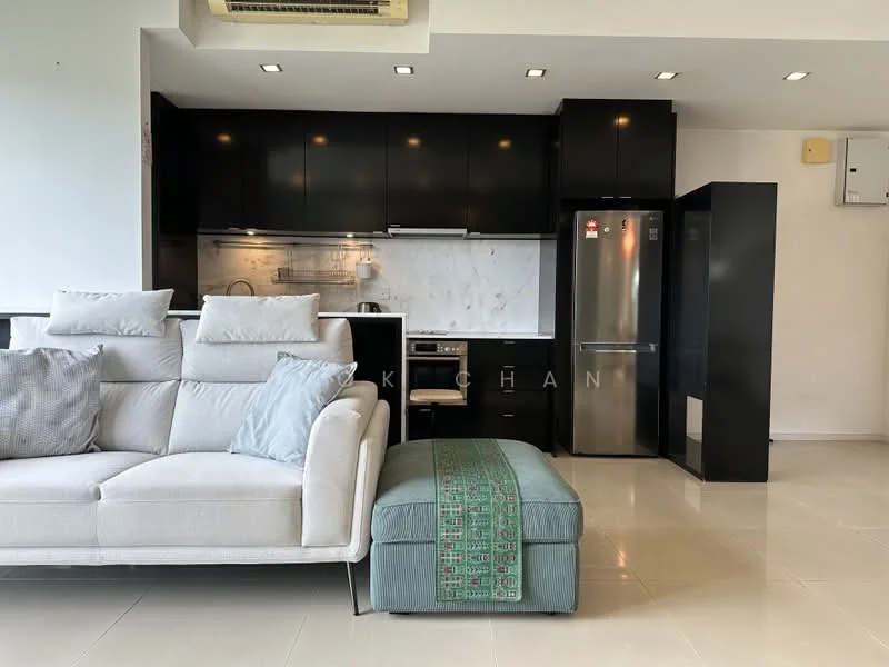 Living features: 3-seater fabric sofa in light grey, coffee table, kitchenette with black cabinetry, marble backsplash, stainless-steel fridge, built-in oven, ceramic cooktop, single-bowl stainless-steel sink, chrome pull-down faucet, recessed downlights, white painted walls, tile flooring; style: modern.