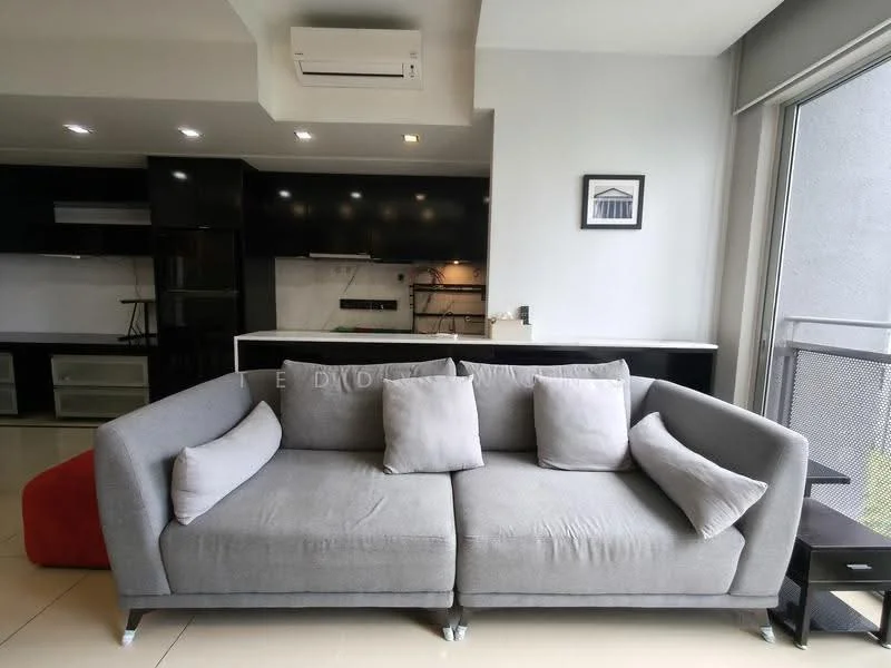 Living features: grey fabric 3-seater sofa, two decorative cushions, wall-mounted split AC, recessed downlights, cream tiled flooring, black cabinetry, white countertop, open shelving, large window with view, minimalist decor; style: modern; view: garden.
