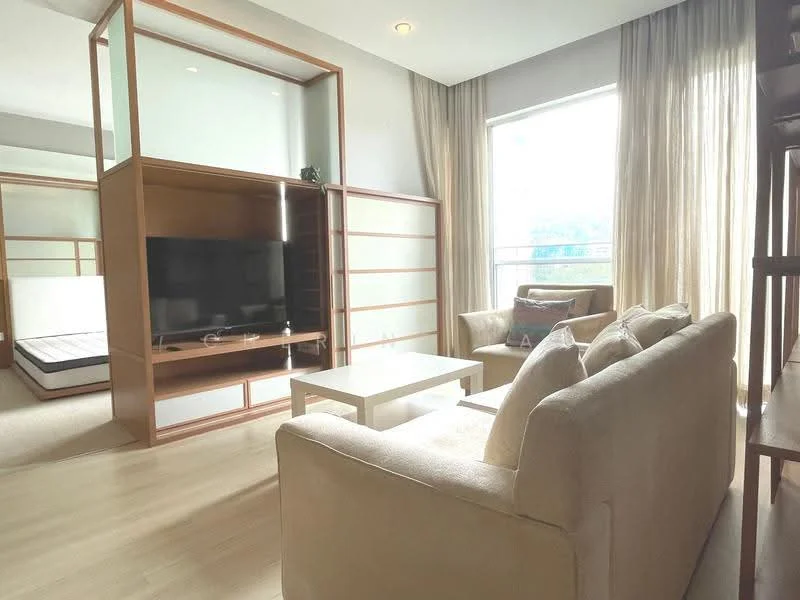 Living features: beige fabric sofa, white coffee table, wall-mounted TV, wooden TV console, floor-to-ceiling windows, sheer curtains, light wood flooring, decorative plants; style: modern. Room features: bed with headboard, wooden partition, natural light from window.