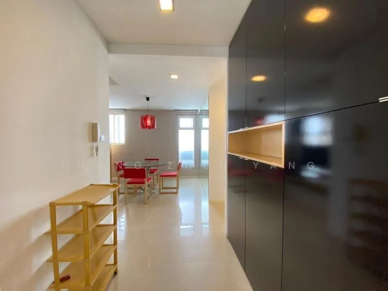 Room features: white painted walls, glossy tile flooring, recessed downlights, large windows with city view, red pendant light, wooden shelving unit, black cabinetry, dining table with red chairs; style: modern; view: city.