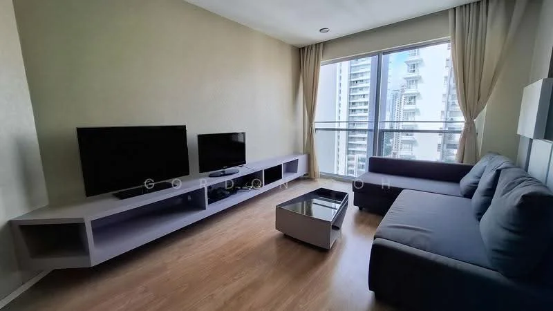 Living features: grey fabric sofa, coffee table with glass top, TV console, wall-mounted TV, floor-to-ceiling windows, curtains, laminate flooring, light beige painted walls; style: modern; view: city.