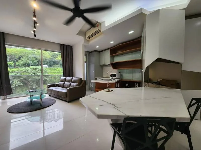 Living features: 3-seater brown leather sofa, glass coffee table, area rug, floor-to-ceiling windows, curtains, recessed LED downlights, ceiling fan, white walls, marble flooring, open-plan layout with dining area, kitchen cabinetry visible, green view from window; style: modern; view: garden. Dining features: round marble dining table, black dining chairs, open layout to living area; style: modern; view: garden. Kitchen features: kitchen cabinetry, stainless-steel sink, built-in appliances, white countertops; style: modern; view: garden.