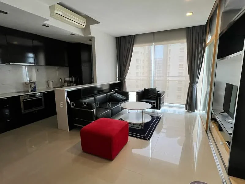 Living features: black leather sofa, red ottoman, glass coffee table, wall-mounted TV, TV console, recessed lighting, floor-to-ceiling windows, sheer curtains, cream painted walls, marble tile flooring, air conditioning unit, open kitchen layout; style: modern; view: city.