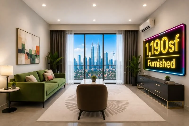 Living features: green fabric sofa, round coffee table, TV console with drawers, floor-to-ceiling windows, city skyline view, area rug with geometric pattern, decorative wall art, wall-mounted air conditioning unit, sheer curtains, LED neon sign, potted plant; style: modern; view: city.