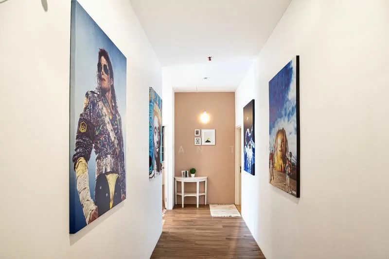 Hallway features: white painted walls, wood laminate flooring, decorative artwork on walls, ceiling light fixture, small table with plant, area rug, open space, natural light from ceiling; style: modern.