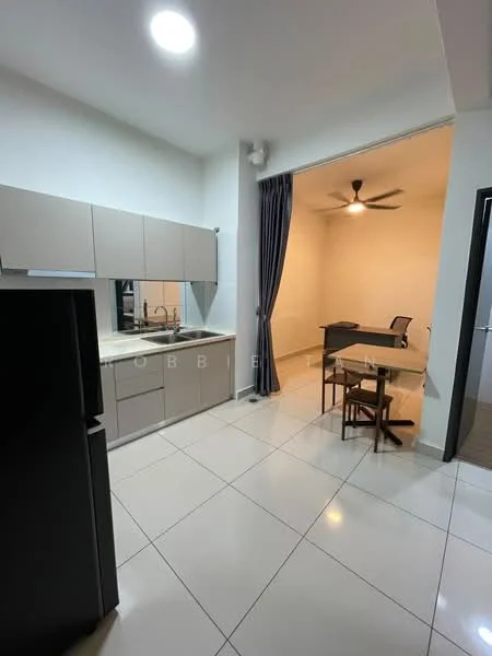 Kitchen features: light grey cabinetry, white countertop, stainless-steel sink, chrome pull-down faucet, built-in fridge, ceramic tile flooring, recessed downlights, wall-mounted split AC; style: modern. Room features: ceiling fan, desk, office chair, light grey walls, curtain, tile flooring.