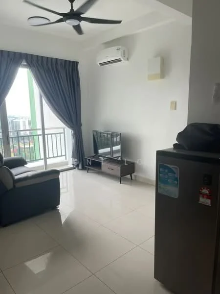 Living features: 3-seater fabric sofa in grey, coffee table, wall-mounted TV, TV console, floor-to-ceiling windows, curtains in dark blue, 1 wall-mounted split AC, polished ceramic tile flooring, ceiling fan with light, decorative wall panel, balcony access; style: modern; view: city.