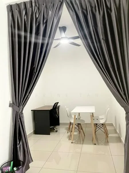 Study features: grey curtains, 5-blade ceiling fan, white walls, glossy tile flooring, white dining table, 2 white chairs, black office desk, black office chair; style: modern.