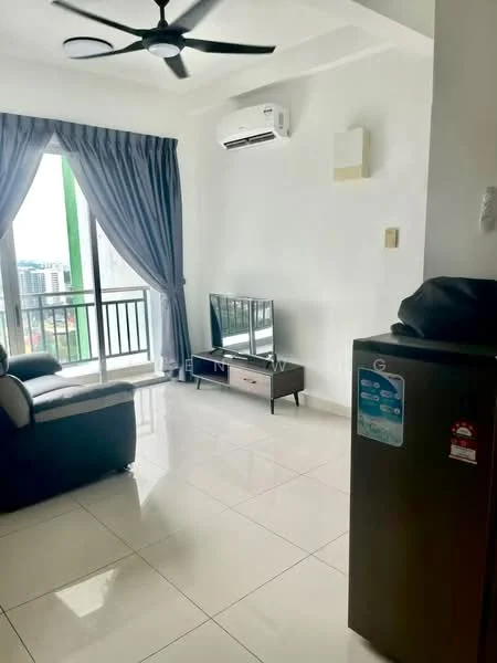 Living features: white painted walls, glossy ceramic tile flooring, 5-blade ceiling fan with light, floor-to-ceiling windows, grey curtains, black leather sofa, TV console, wall-mounted TV, refrigerator; style: modern; view: city.