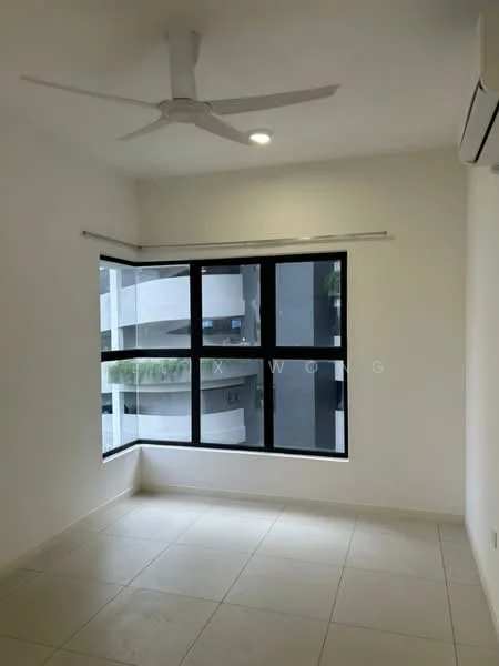 Room features: white painted walls, tile flooring, 5-blade ceiling fan with light, floor-to-ceiling windows, window treatments, air conditioning unit, natural light from windows; style: modern; view: city.