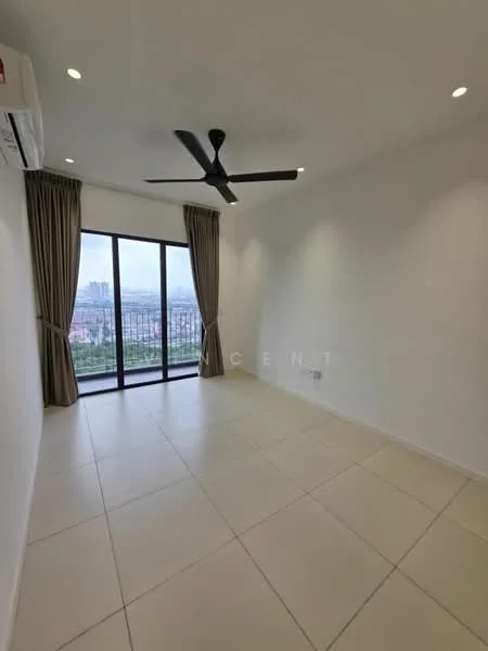 Room features: white painted walls, light-colored tile flooring, 5-blade ceiling fan, floor-to-ceiling windows, sheer curtains, city view, recessed downlights; style: modern; view: city.