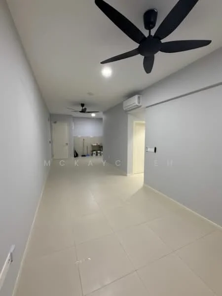 Room features: light grey painted walls, white ceiling, 2 ceiling fans, white air conditioning unit, cream tiled flooring, recessed lighting, doorway leading to another room, open space layout; style: modern.