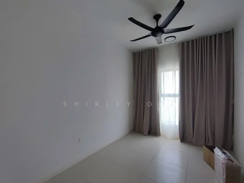 Room features: white painted walls, light-colored tile flooring, 5-blade ceiling fan, floor-to-ceiling window, sheer curtains, dark curtains, box for storage; style: modern.