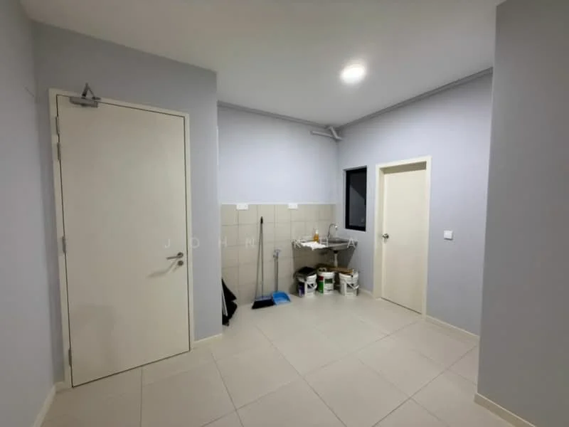 Laundry features: light grey painted walls, white tiled flooring, single door, double door, window with black frame, sink with faucet, cleaning supplies storage, broom and mop, wall-mounted shelving; style: modern.
