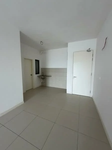 Room features: white painted walls, light grey tile flooring, single door, window with black frame, kitchenette area with sink, plain ceiling, no visible lighting fixtures; style: modern.