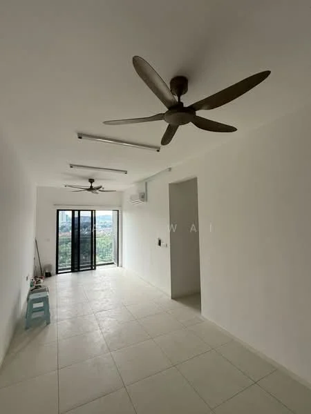 Room features: white painted walls, tile flooring, 2 ceiling fans, floor-to-ceiling windows, sliding glass door, air conditioning unit, light fixtures, open space layout; style: modern; view: city.