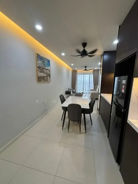 Dining features: white walls, recessed lighting, 5-blade ceiling fan with light, dining table for 4, upholstered dining chairs in grey, floor-to-ceiling windows with sheer curtains, light-colored tiled flooring, decorative artwork on wall, open layout to kitchen, kitchen cabinetry in dark finish, countertop with speckled pattern; style: modern; view: city.