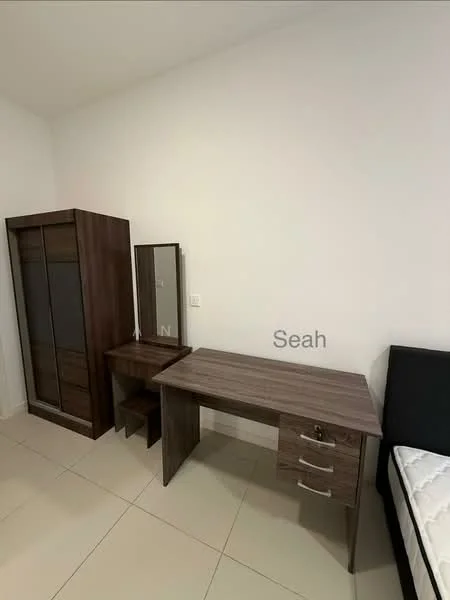 Bedroom features: white painted walls, tile flooring, wooden wardrobe with sliding doors, wooden study desk with drawers, wooden dressing table with mirror, queen-size bed, minimalist decor; style: modern.