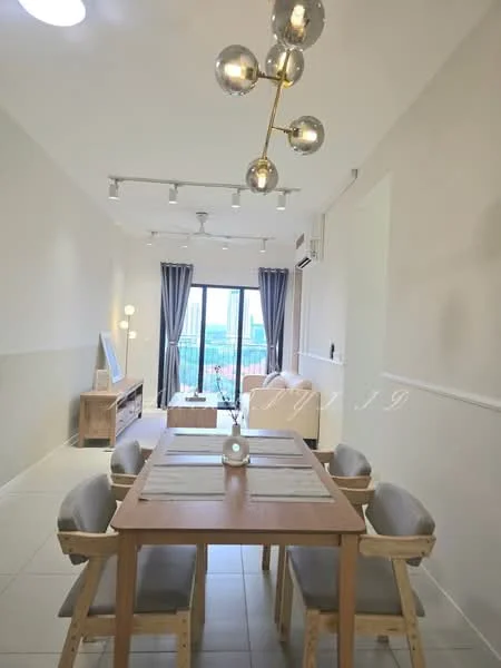 Dining features: wooden dining table, 4 upholstered dining chairs, pendant light fixture, recessed ceiling lights, floor-to-ceiling windows, curtains, light-colored walls, air conditioning unit, decorative wall art, light-colored flooring; style: modern; view: city. Living features: sofa, TV console, decorative items; style: modern; view: city.