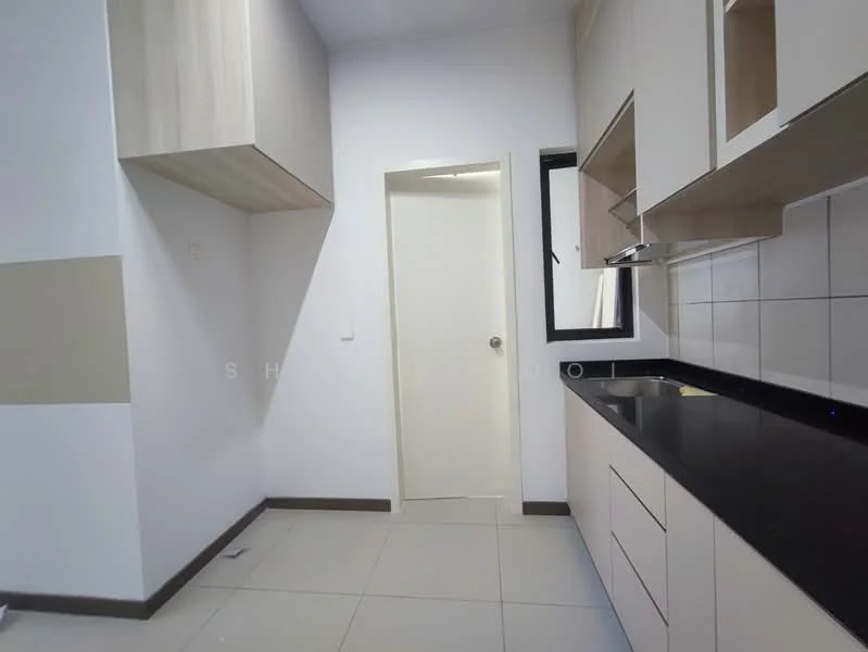Kitchen features: white cabinetry with flat-panel doors, black granite countertop, single-bowl stainless-steel sink, chrome pull-down faucet, built-in kitchen hood, wall-mounted cabinets, tile backsplash, ceramic tile flooring, door leading to another room, window for natural light; style: modern.