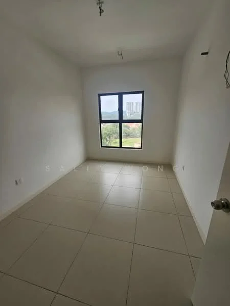 Room features: white painted walls, tile flooring, large window, city view, ceiling lights; style: modern; view: city.