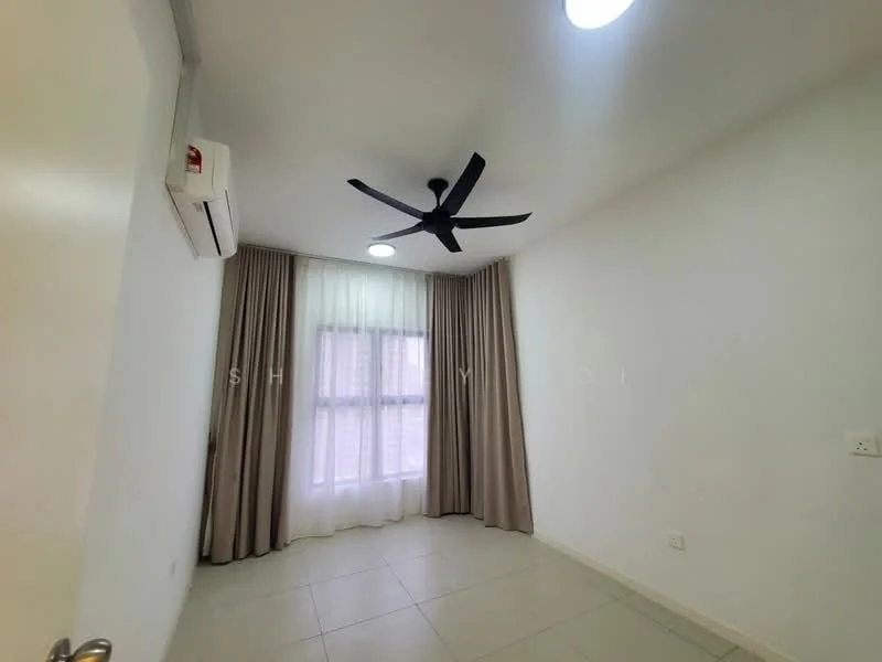Room features: white painted walls, tile flooring, 5-blade ceiling fan with light, floor-to-ceiling window, sheer curtains, wall-mounted split AC, neutral-coloured curtains, recessed ceiling lights; style: modern.