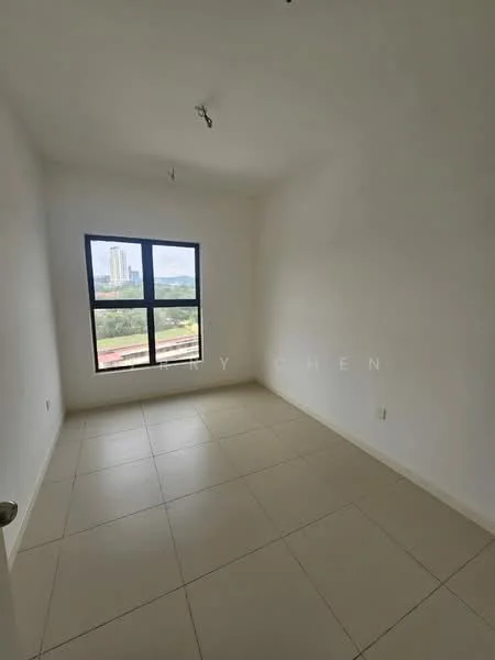Room features: white painted walls, tile flooring, large window, city view, ceiling lights, no visible furniture, neutral color scheme, empty space; style: modern; view: city.