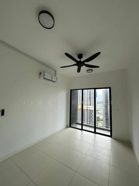 Room features: white painted walls, tile flooring, 5-blade ceiling fan, wall-mounted split AC, floor-to-ceiling windows, black sliding glass door, city view; style: modern; view: city.