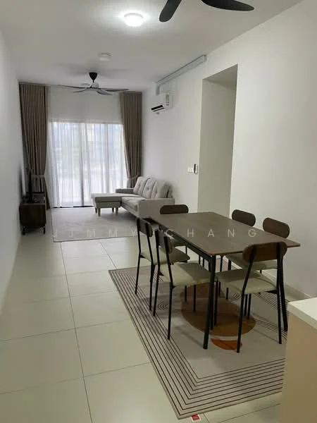 Dining features: 6-seater dining table, wooden dining chairs, area rug with geometric pattern, pendant light, wall-mounted TV, sofa in light grey fabric, floor-to-ceiling windows with sheer curtains, wall-mounted split AC, light-colored tiled flooring, neutral painted walls; style: modern; view: garden.