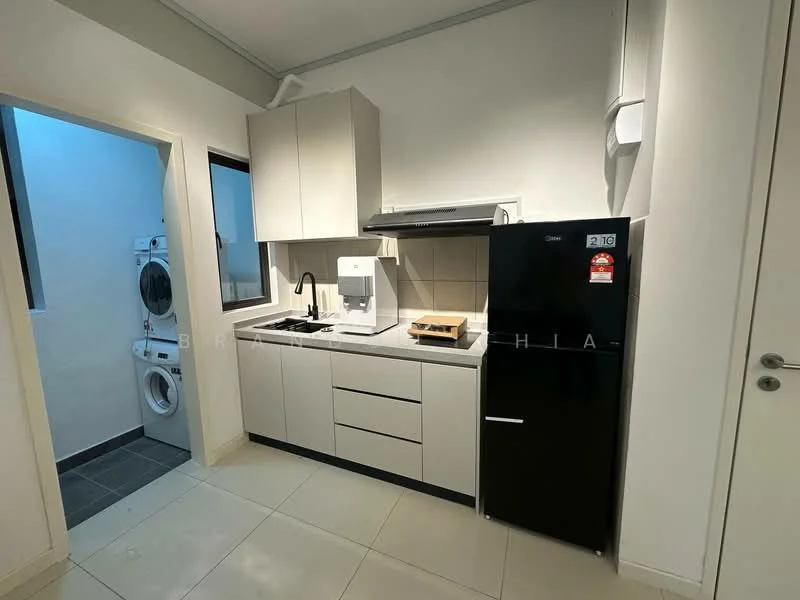 Kitchen features: white cabinetry, black refrigerator, stainless-steel sink, chrome pull-down faucet, built-in oven, ceramic tile backsplash, grey countertop, wall-mounted range hood, washing machine, floor-to-ceiling window, light-colored tile flooring; style: modern.