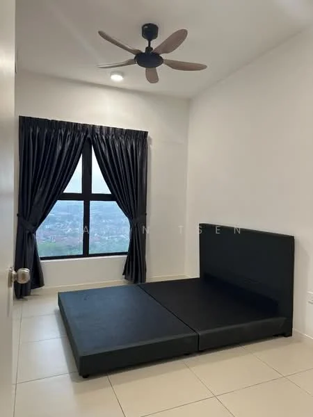 Bedroom features: black platform bed frame, floor-to-ceiling window, blackout curtains, ceiling fan with light, white painted walls, light-colored tile flooring, city view; style: modern; view: city.