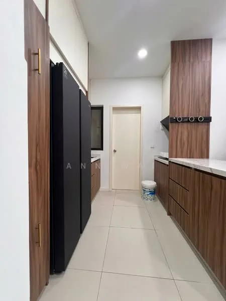 Kitchen features: black stainless-steel fridge, wood cabinetry, white countertop, tile flooring, wall-mounted range hood, built-in oven, single-bowl stainless-steel sink, chrome pull-down faucet, neutral wall colour, recessed LED downlights, closed door leading to pantry, drawer storage; style: modern.