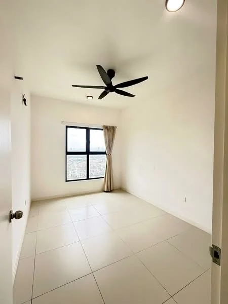 Bedroom features: white painted walls, tile flooring, 5-blade ceiling fan, floor-to-ceiling window, curtains, neutral color scheme, light fixture, city view; style: modern; view: city.