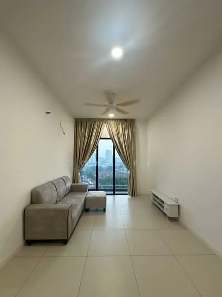 Living features: 3-seater fabric sofa in grey, floor-to-ceiling windows, sheer curtains, light-colored walls, tile flooring, ceiling fan, wall-mounted TV console, neutral decor; style: modern; view: city.