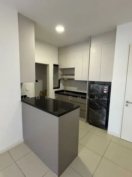 Kitchen features: grey cabinetry, black granite countertop, stainless-steel fridge, built-in oven, ceramic tile flooring, white walls, recessed downlights, single-bowl stainless-steel sink, chrome pull-down faucet, open shelving, kitchen island, modern design; style: modern.